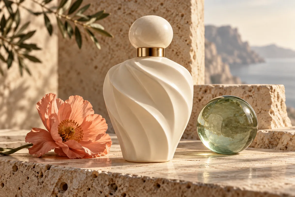 Ivory perfume bottle and green glass sphere on travertine stone