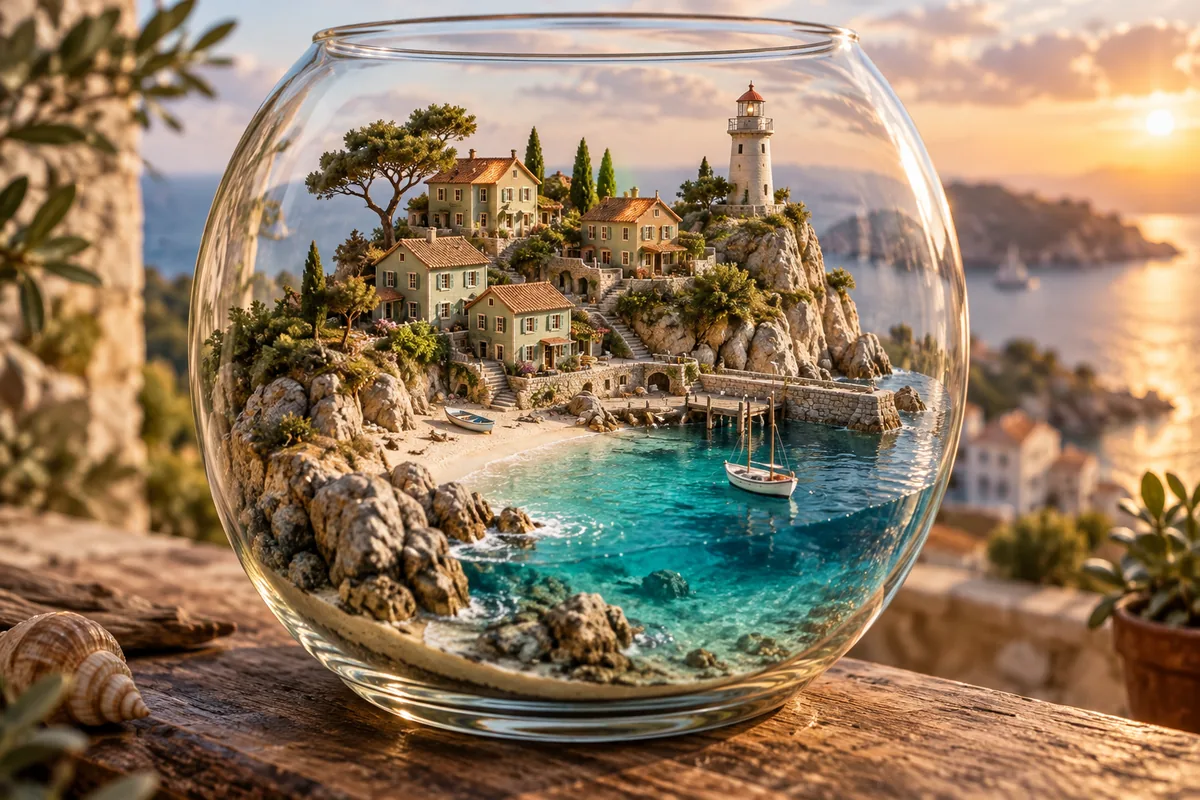 Miniature seaside village inside a clear glass terrarium