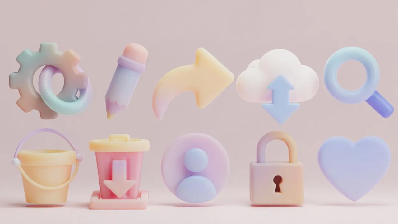 A set of abstract 3D UI tool icons, settings gear, edit pencil. isometric view, floating elements. on a clean solid background. claymorphism style, 3D blender render, soft round edges, pastel colors