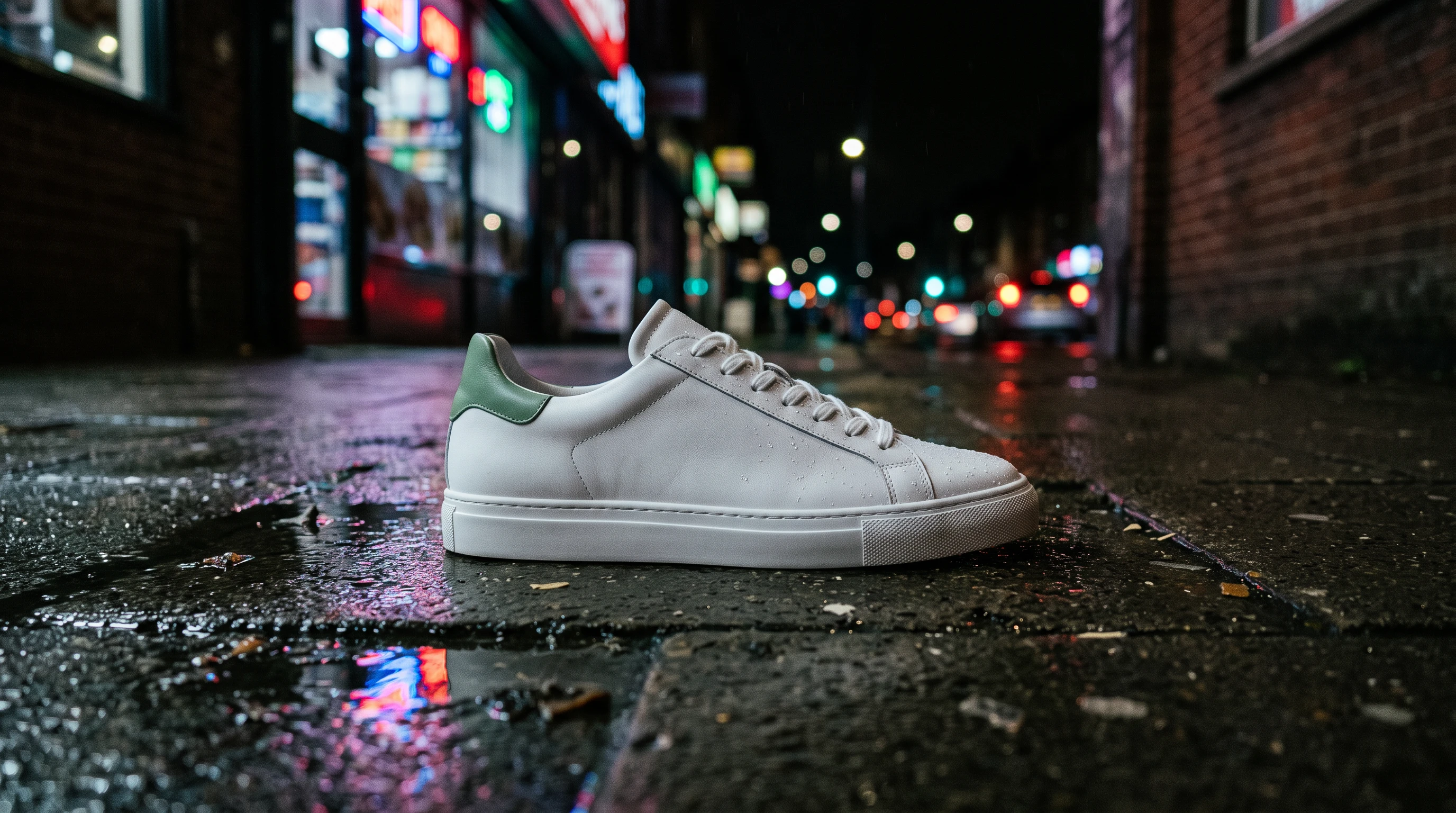 Sneaker on a wet street with reflected neon light