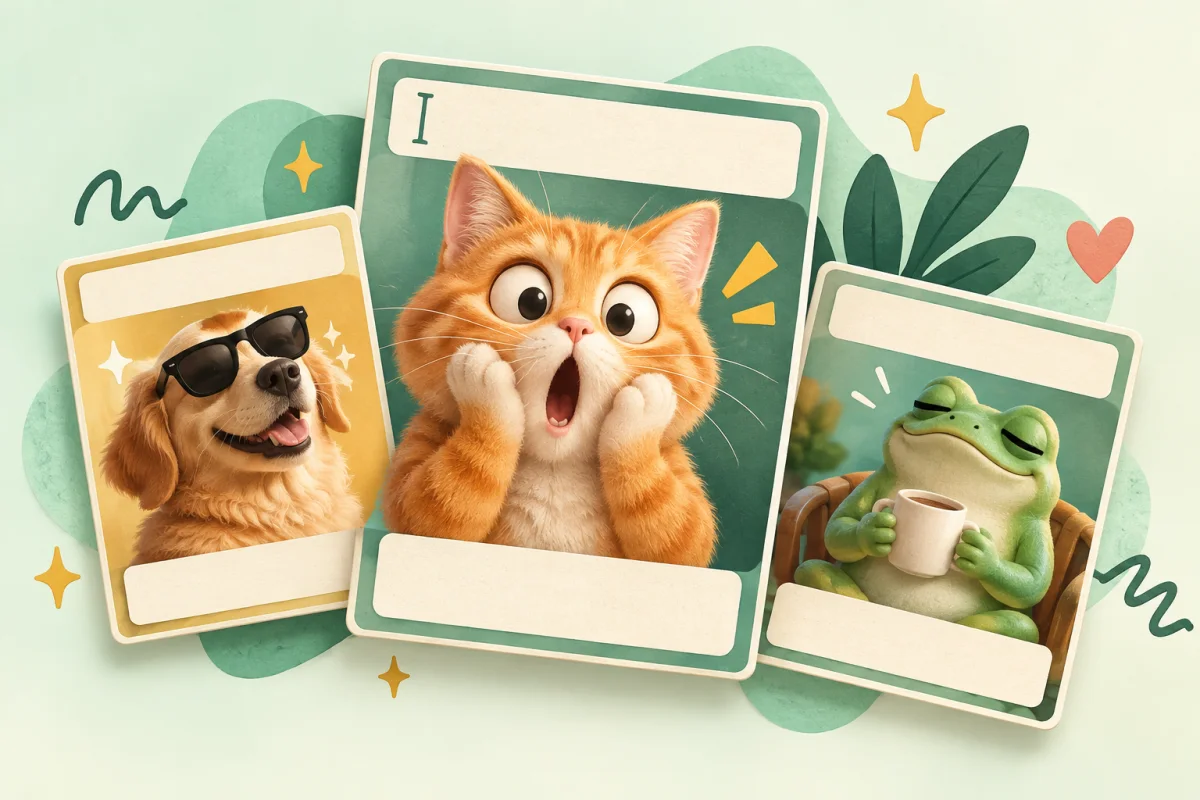 Playful cat, dog and frog meme cards with space for your captions